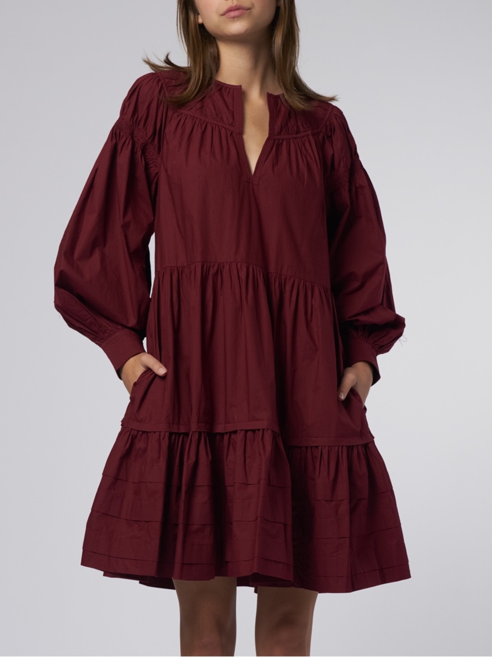 Ulla Johnson Dress Womens 6 Burgundy  Rosa Dress Bordeaux Tiered Long Sleeve NWT